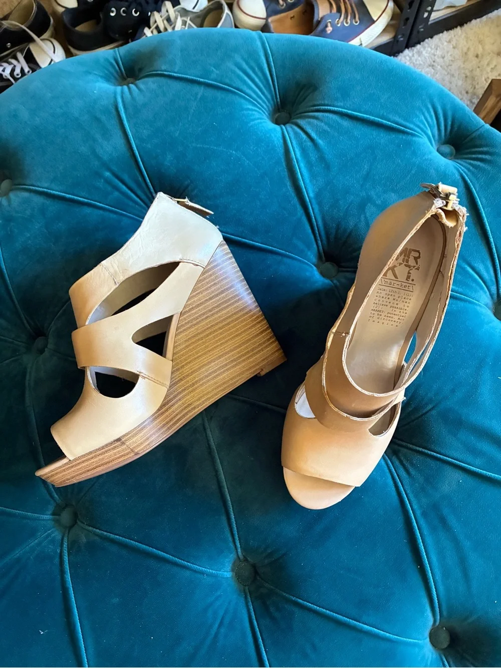 Open-Toe Tan Wedge Sandals with Back Zip